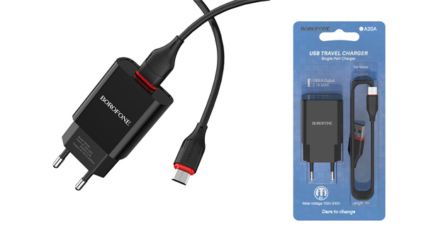 СЗУ Borofone BA20A 2,1A  Sharp + кабель microUSB чёрное